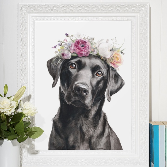 Watercolor Labrador Retriever with Flower Crown Portrait Wall Art Print Unframed - Picture 7 of 7